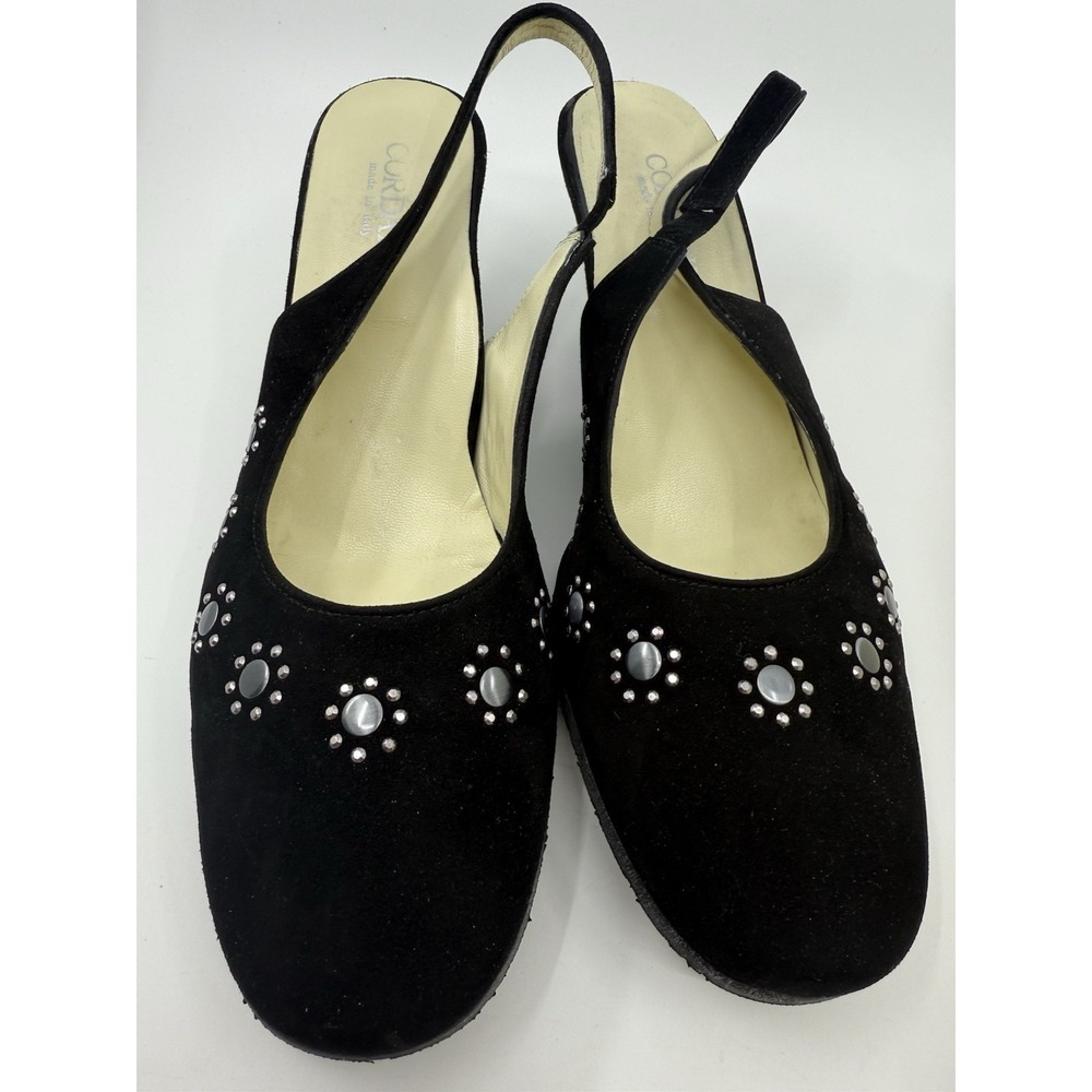 Cortana Sunny‎ Black Suede High Heel Wedge Slingback Evening Shoes Sz 8.5 In Box